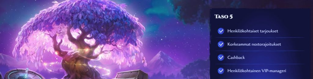 Spinight Kasinon VIP-ohjelma, kuvassa suuri violetti puu ja Taso 5 -kortti, jossa listattuna VIP-etujen kuvakkeet kuten henkilökohtainen manageri ja cashback