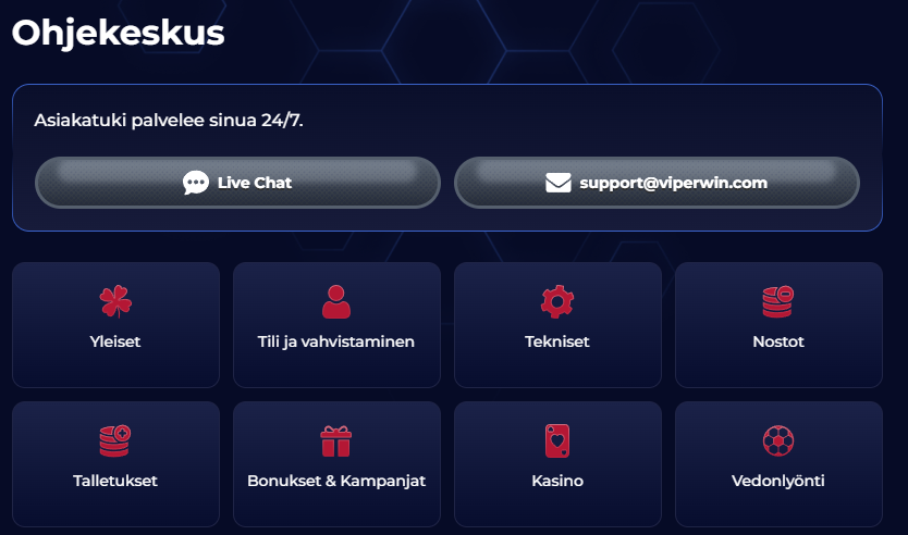 Viperwinin ohjekeskusnäkymä, jossa asiakastuki 24/7, live-chat ja sähköpostivaihtoehdot sekä painikkeet eri tukikategorioille kuten talletukset ja vedonlyönti
