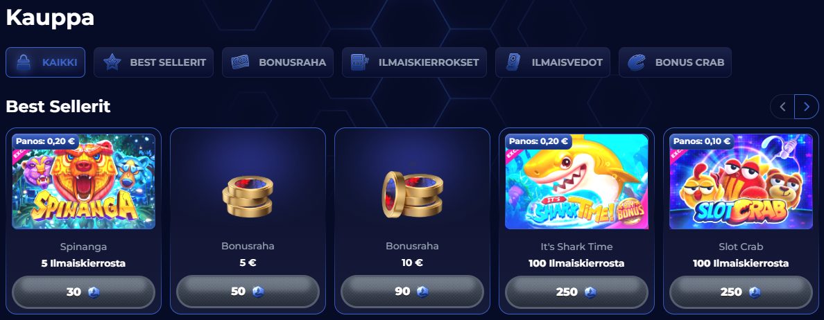 Viperwinin bonuskauppa, jossa esillä palkintoja kuten bonusrahaa, ilmaiskierroksia ja Bonus Crab -krediittejä pelien kuvakkeiden kanssa
