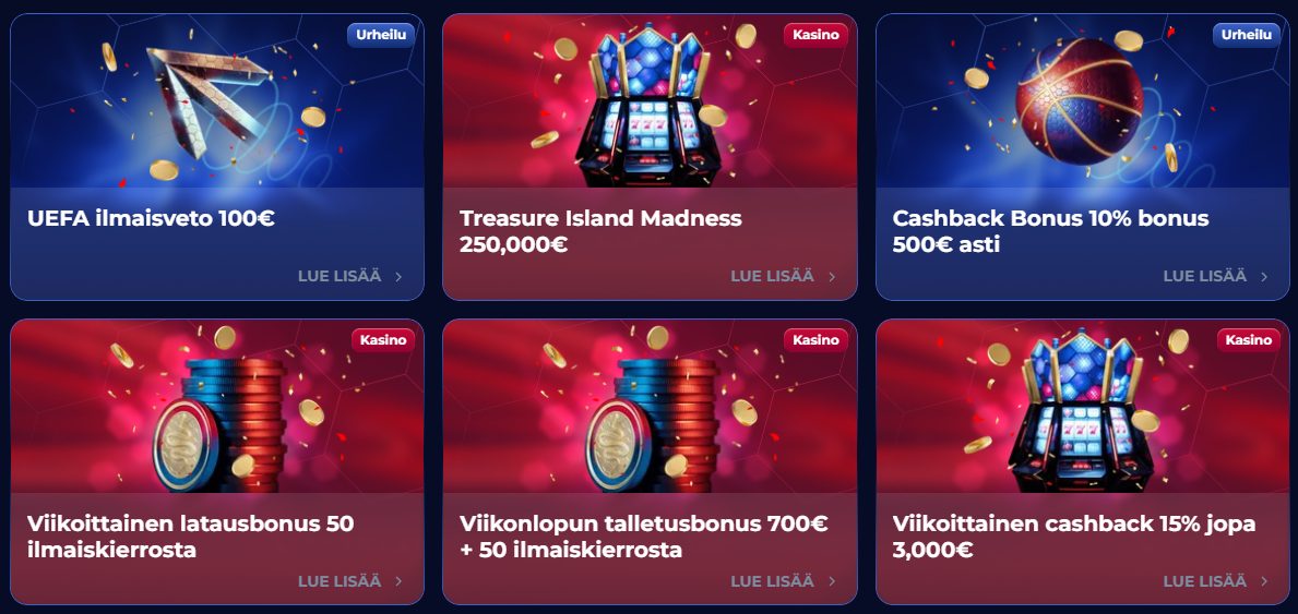 Viperwin Kasinon kampanjasivu, jossa näkyy useita bonustarjouksia kuten reload-bonukset, cashback ja ilmaiskierrokset punaisella ja sinisellä taustalla
