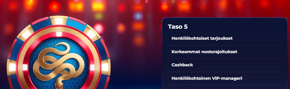 Viperwinin VIP-ohjelman banneri, jossa kultainen käärmesymboli kasinopelimerkissä ja taso 5 -edut listattuna oikealla puolella
