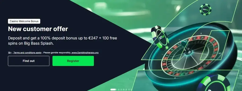 247Bet casino welcome bonus banner showing a roulette wheel and chips with an offer of 100% up to €247 plus 100 free spins