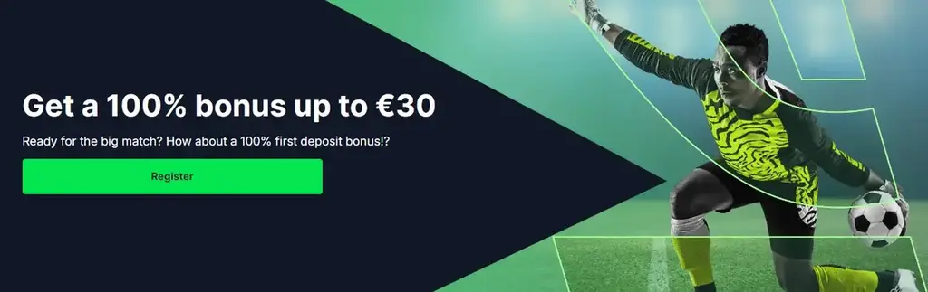 247Bet sports welcome bonus banner with a football goalkeeper and text offering a 100% bonus up to €30