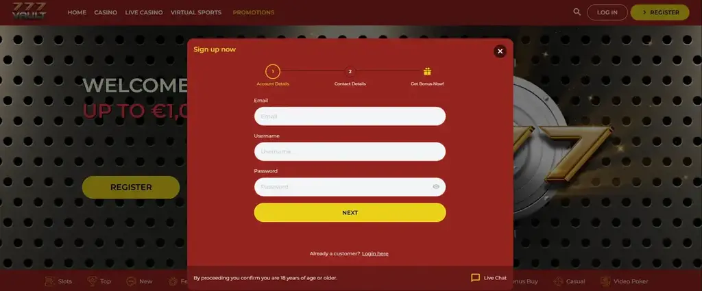 777Vault Casino registration form showing email, username, password fields and welcome bonus steps