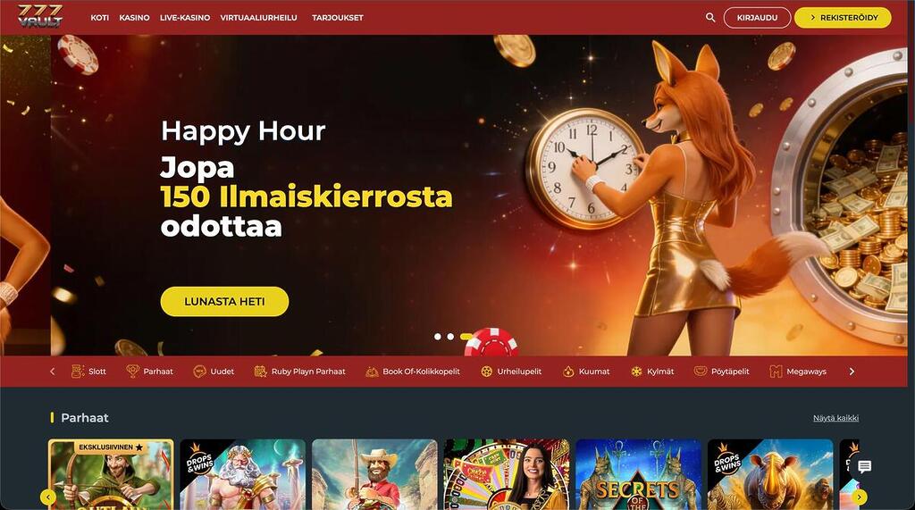 777Vault-kasinon etusivu. Pääbannerissa kettuhahmo ja teksti 'Happy Hour Jopa 150 Ilmaiskierrosta odottaa' sekä 'LUNASTA HETI' -painike.