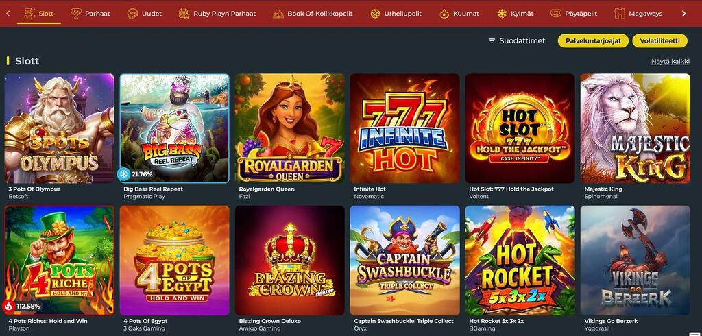 Nettikasinon peliaula, jossa on suodatettu esiin kolikkopelit. Kuvassa näkyy ruudukko suosittuja pelejä, kuten '3 Pots Of Olympus' ja 'Big Bass Reel Repeat'.
