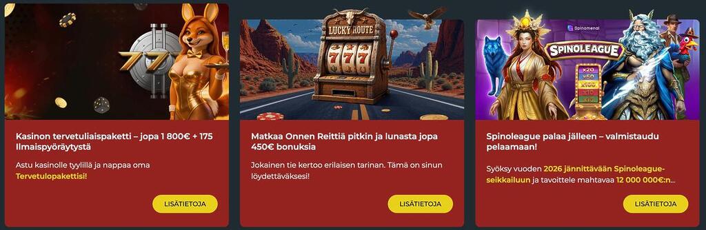 Nettikasinon kampanjasivu, jossa esitellään kolme eri tarjousta: tervetuliaispaketti, talletusbonuksia ja Spinoleague-turnaus mainosbannereilla.
