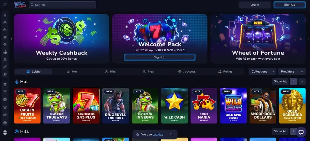 7Bit Casino homepage showing welcome pack weekly cashback and slot categories