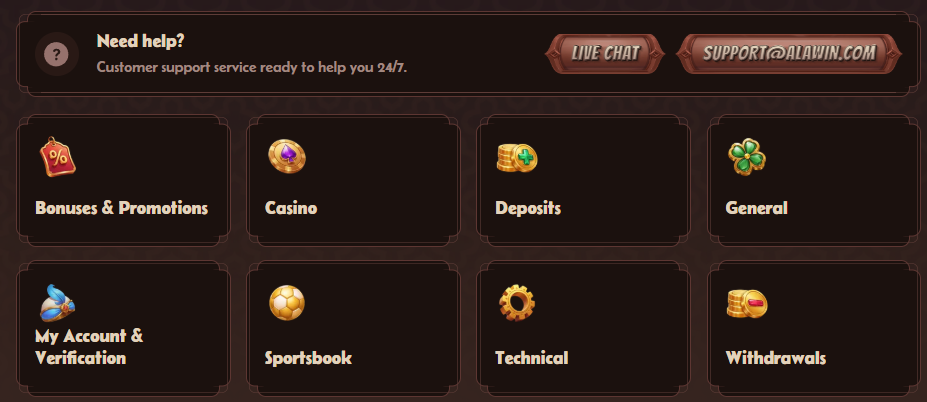 Alawin Casino help center showing customer support options and FAQ categories