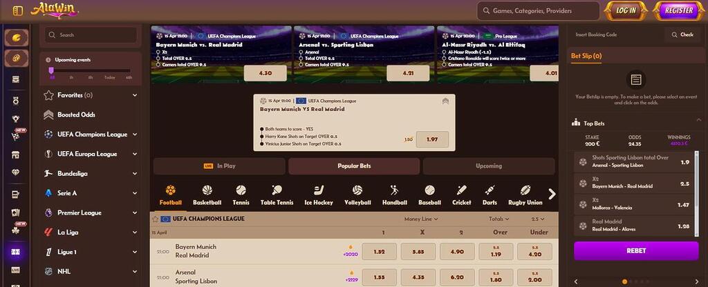Alawin Casino sportsbook interface with football betting markets and odds selection