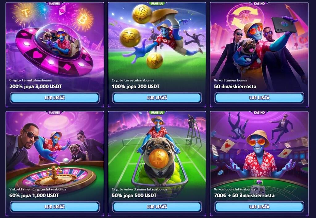 Alfcasinon kampanjasivu, jossa on kuusi eri tarjousta: Crypto-tervetuliaisbonukset kasinolle (200 % 3000 USDT asti) ja urheiluun (100 % 200 USDT asti), viikoittainen 50 ilmaiskierroksen bonus, crypto-latausbonukset sekä viikonlopun latausbonus 700 € + 50 ilmaiskierrosta.