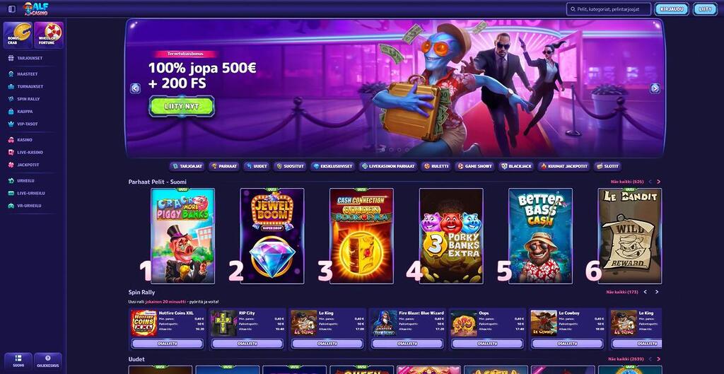 Alfcasinon etusivunäkymä, jonka pääbannerissa mainostetaan 100 % tervetuliaisbonusta 500 € asti ja 200 ilmaiskierrosta. Sivulla näkyy myös pelikategorioita ja suosituimpia kolikkopelejä, kuten Le Bandit ja Better Bass Cash.