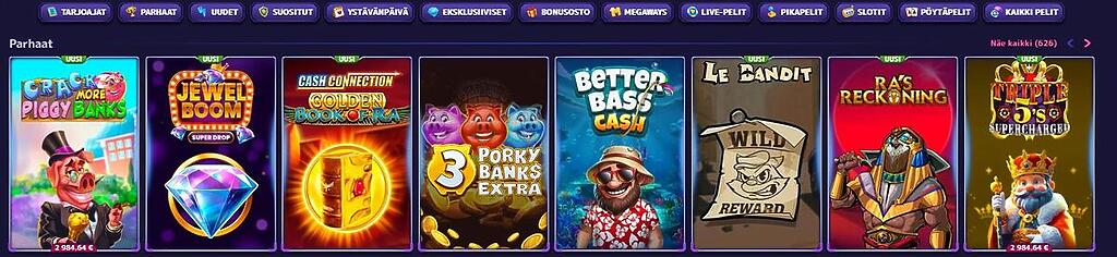 Alfcasinon pelivalikoiman suosituimmat pelit -osio, jossa on esillä kolikkopelejä kuten Crack More Piggy Banks, Jewel Boom, Golden Book of Ra ja Le Bandit. Ylävalikossa on suodattimet muun muassa uutuuksille, live-peleille ja Megaways-peleille.