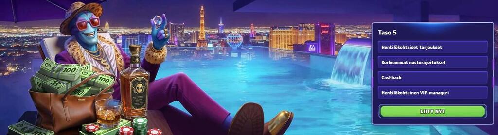 Alfcasinon VIP-ohjelman Taso 5 -esittely, jossa etuina mainitaan henkilökohtaiset tarjoukset, korkeammat nostorajoitukset, Cashback ja henkilökohtainen VIP-manageri. Taustalla on luksusaiheinen kuvitus uima-altaalla.