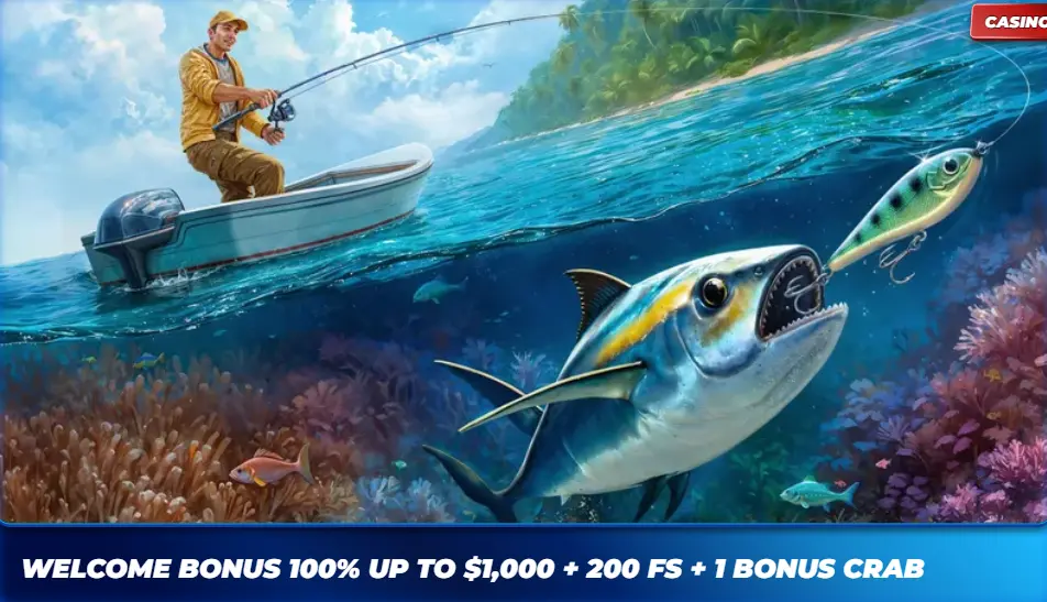 Bassbet casino welcome bonus banner with fishing theme and 100 percent match bonus plus free spins