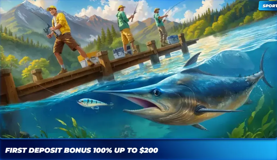 Bassbet sports betting first deposit bonus banner with fishing theme artwork