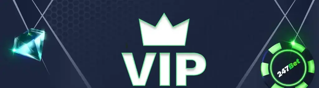 247Bet VIP program banner with a glowing crown and casino chips on a dark geometric background