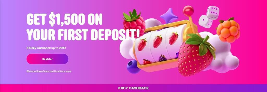 Berriez Casino welcome bonus banner showing $1,500 first deposit bonus and up to 20% daily cashback, with colourful fruit-themed slot graphics on a pink-purple gradient background.