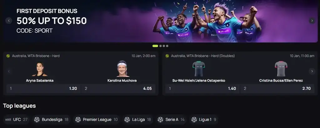 Betandplay sportsbook homepage showing first deposit bonus banner and popular sports betting markets