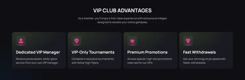 Betandplay VIP Club advantages featuring dedicated VIP manager, VIP tournaments, premium promotions, and fast withdrawals