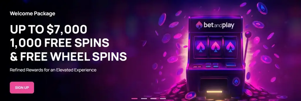 Betandplay casino welcome package banner offering up to $7,000, 1,000 free spins, and free wheel spins