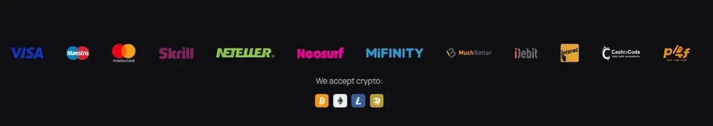 Betandplay casino payment methods including Visa, Mastercard, Skrill, Neteller, Neosurf, MiFinity, and cryptocurrencies