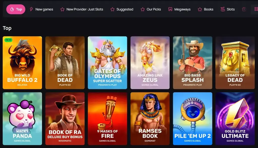 Betandplay pokies lobby displaying top slot games like Book of Dead, Gates of Olympus, and Big Bass Splash