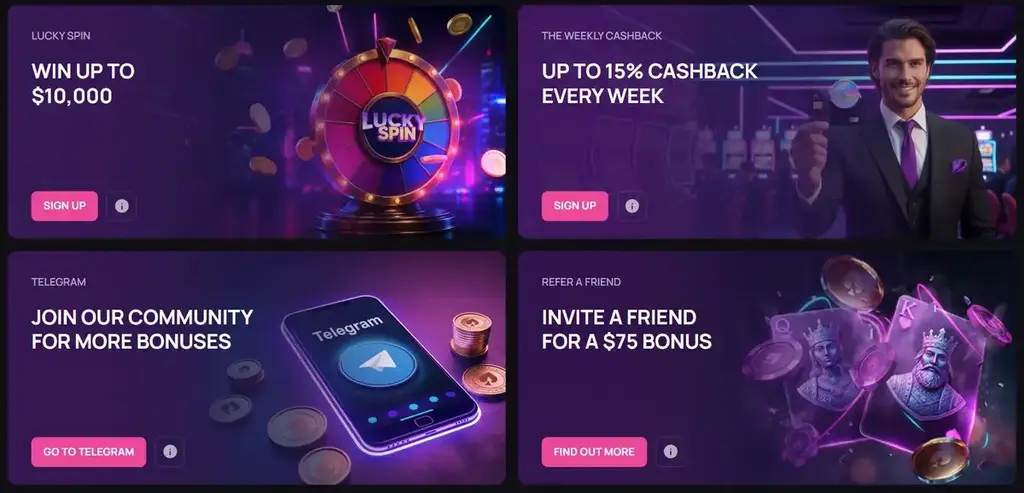 Betandplay casino promotions page showing Lucky Spin, weekly cashback, Telegram bonuses, and refer a friend rewards