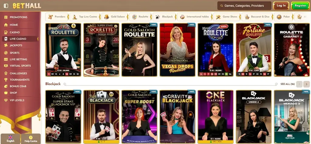 Bethall Casino live casino lobby with roulette and blackjack tables
