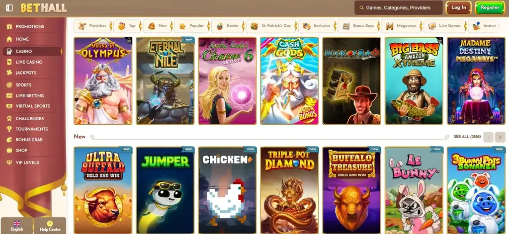 Bethall Casino slots lobby showing popular and new slot games