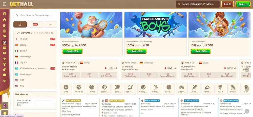 Bethall Casino sportsbook interface with live matches and betting odds