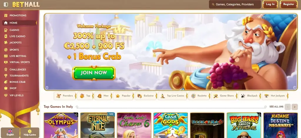Bethall Casino homepage showing welcome package promotion banner