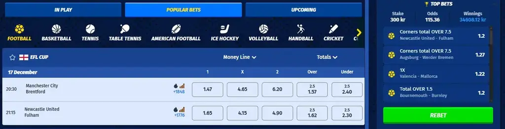 Big Clash sports betting interface with live odds and rebet option