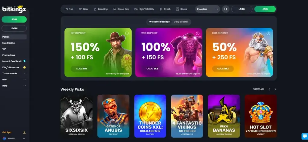 BitKingz Casino homepage with welcome bonuses and pokies