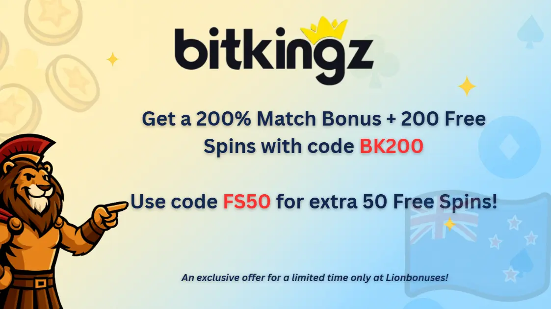 Exclusive Bitkingz Casino banner showing a 200% match bonus and 200 free spins with code BK200, plus 50 extra free spins with code FS50. Includes the Lionbonuses mascot on a bright gradient background with casino icons.