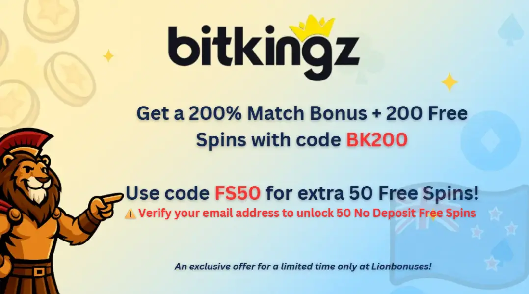 BitKingz exclusive New Zealand welcome bonus banner with 200% match bonus, 200 free spins, and 50 no-deposit free spins from Lionbonuses