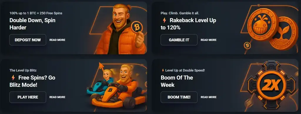 Bombastic Casino promotional banners showing offers like 100% up to 1 BTC + 250 Free Spins, Rakeback up to 120%, Free Spins Blitz Mode, and Boom of the Week 2x Level Up.
