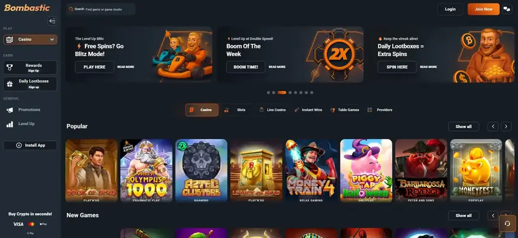 Screenshot of Bombastic Casino homepage showing featured promotions like “Free Spins? Go Blitz Mode!”, “Boom of the Week 2x Level Up,” and “Daily Lootboxes = Extra Spins.” The page displays popular pokies such as Book of Dead, Olympus 1000, Aztec Clusters, Money Train 4, Piggy Tap Halloween, and Barbarossa’s Revenge, with a dark modern layout and orange highlights