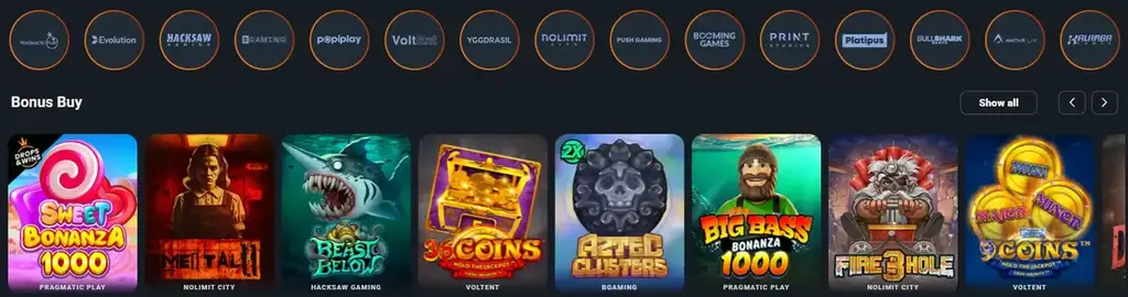 Screenshot of Bombastic Casino’s Bonus Buy section featuring popular pokies like Sweet Bonanza 1000, Mental, Beast Below, 36 Coins, Aztec Clusters, Big Bass Bonanza 1000, Fire in the Hole, and 9 Coins. The top bar shows provider logos including Pragmatic Play, Nolimit City, Hacksaw Gaming, BGaming, and Push Gaming.