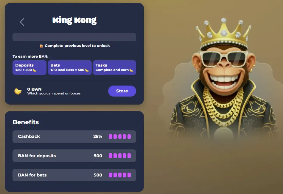 Bonuskong VIP program King Kong level showing cashback and reward points system