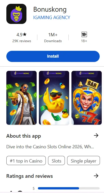 Bonuskong casino app download page with ratings and slot previews