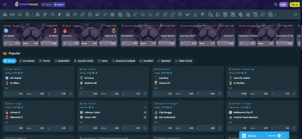 Bonuskong sportsbook interface showing live and pre-match football betting markets