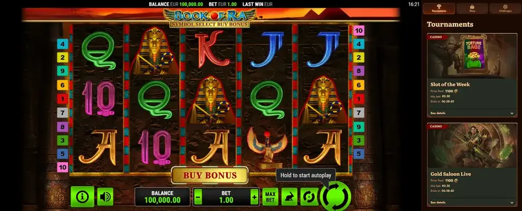 Wild Robin Book of Ra slo with tournaments on the right bar