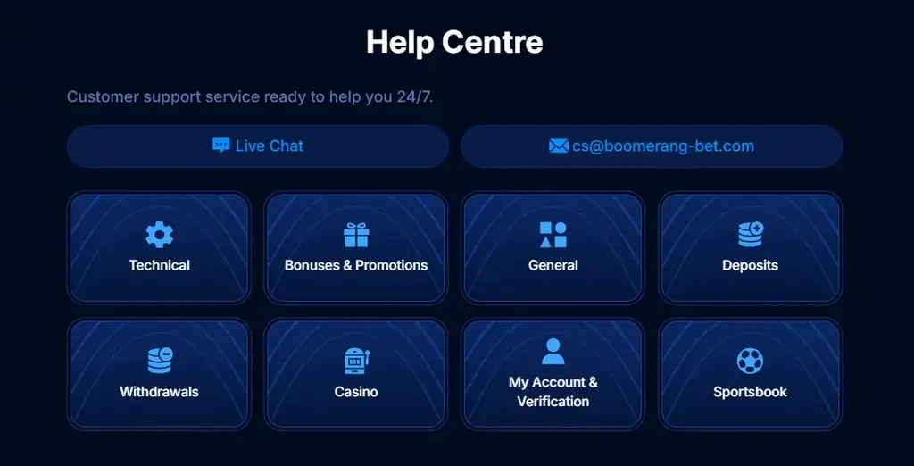 Boomerang Bet help centre with live chat and email support options