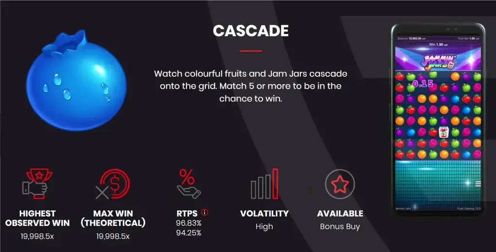 Cascade Win Description in Jammin Jar Slot Machine by Push Gaming