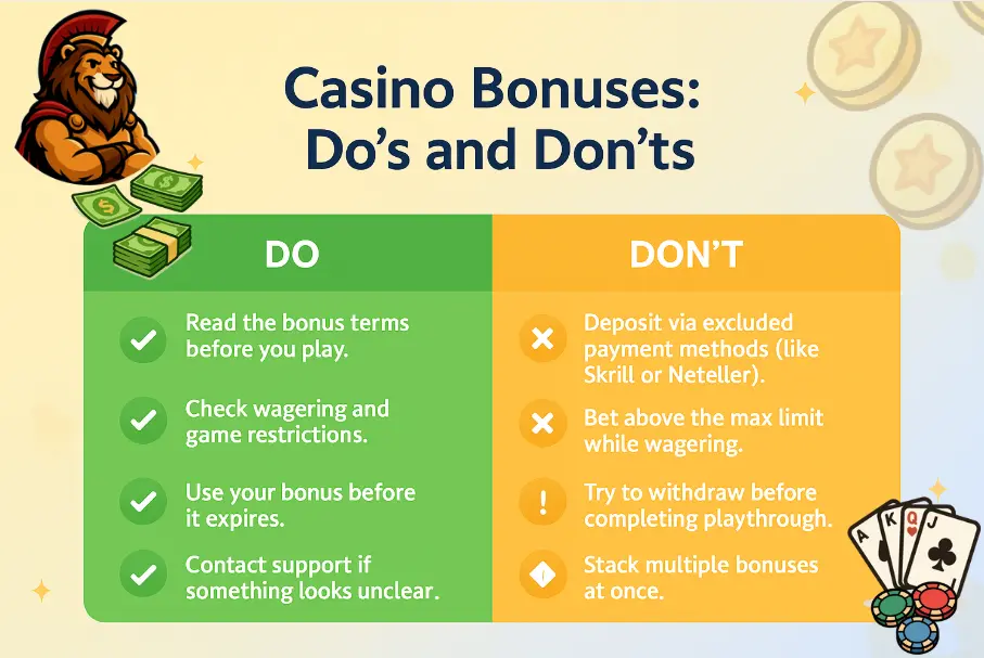 Casino bonuses do’s and don’ts checklist, what to follow and what to avoid when using bonuses