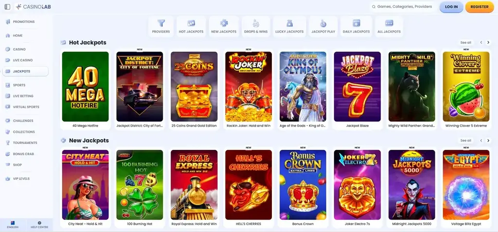 Casino Lab Casino Section with Jackpot Games