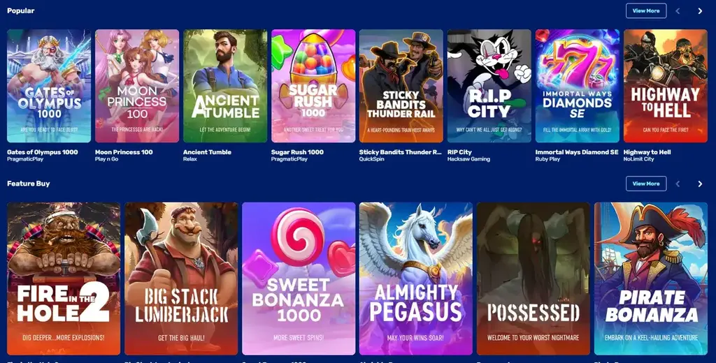 Kodabet Casino game lobby showing popular pokies like Sugar Rush 1000, RIP City, and Highway to Hell.