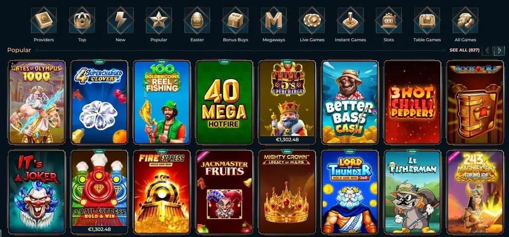 Monsterwin Casino game lobby with popular slot games including Gates of Olympus 1000 and bonus buy categories