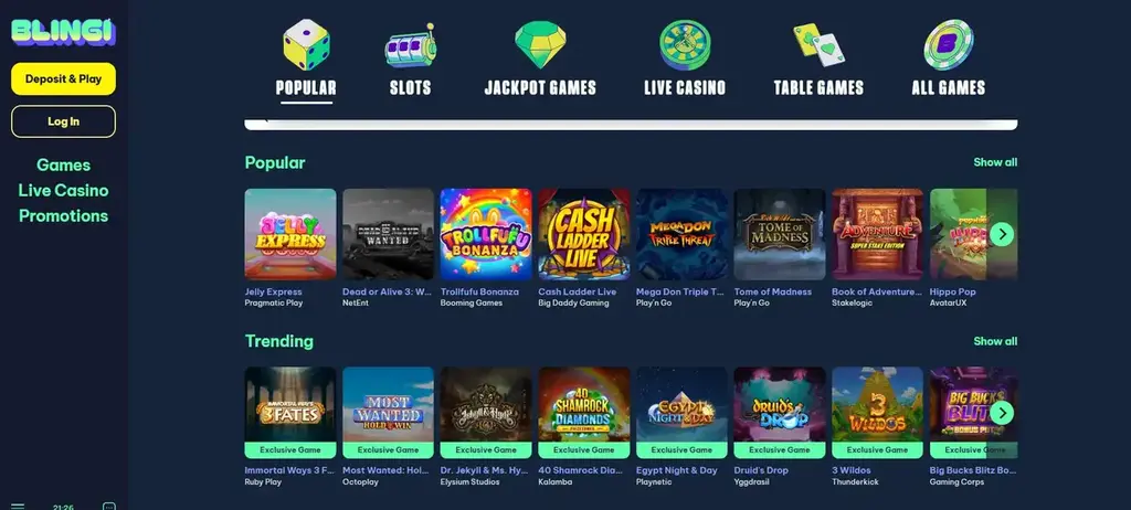 Blingi Casino game lobby with slots, jackpots, live casino, and table games categories